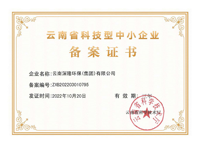 云南深隆環(huán)保(集團(tuán))有限公司--云南省科技型中小企業(yè)備案證書