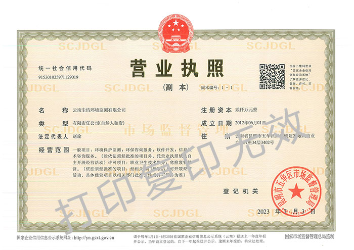 云南塵清環(huán)境監(jiān)測有限公司營業(yè)執(zhí)照